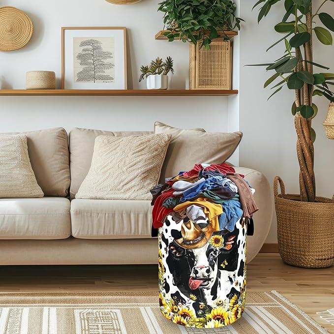 Cows Sunflowers Laundry Basket Foldable Animals Laundry Hamper With Handle Portable Oxford Cloth Clothes Storage Basket Laundry Bag 18.9"x16.5" For Laundry Room/Bedroom/Bathrooms