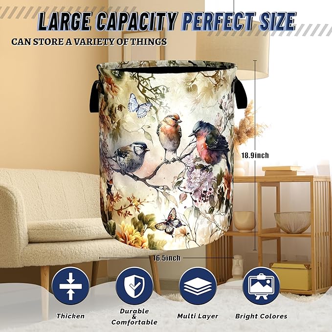 Vintage Floral Birds Laundry Basket Foldable Bird Laundry Hamper With Handle Portable Oxford Cloth Clothes Storage Basket Colorful Laundry Bag 18.9"x16.5" For Laundry Room/Bedroom/Bathrooms