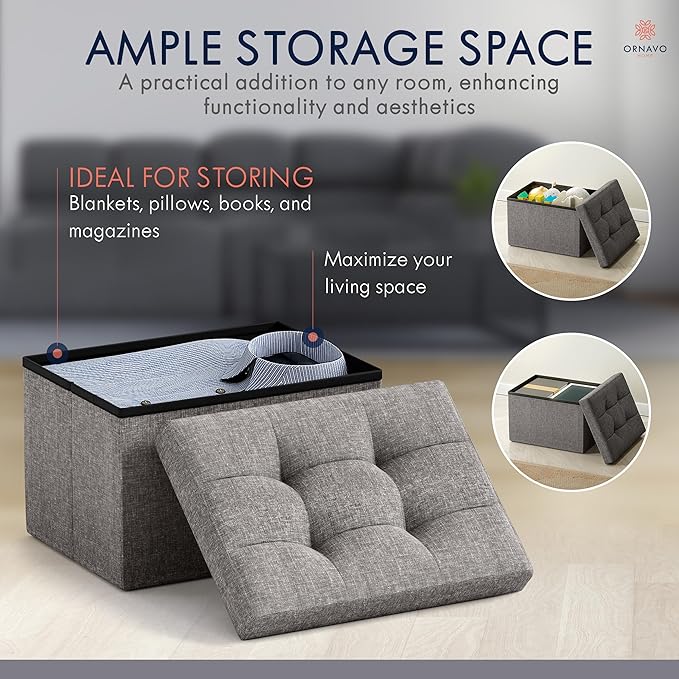 Ornavo Home Small Storage Ottoman, Set of 2, Foldable Collapsible Rectangle Linen Ottoman Foot Rest Stool Seat, for Living Room, Bedroom, Home Office, Dorm - 12 x 16 x 12, Dark Gray