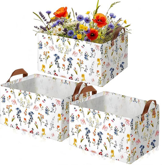 Boao 3 Pcs Watercolor Wildflowers Storage Bin Wildflowers Collapsible Large Storage Baskets for Gifts Canvas Laundry Basket Foldable Box with Handle for Office Home Bedroom Clothes