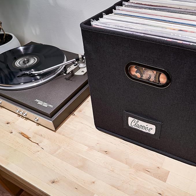 ZICOTO Decorative Vinyl Record Storage Box for 50+ Single Records - Sturdy and Easy to Carry LP Holder with Lid - The Perfect Storage Crate for Your Valuable Album Collection
