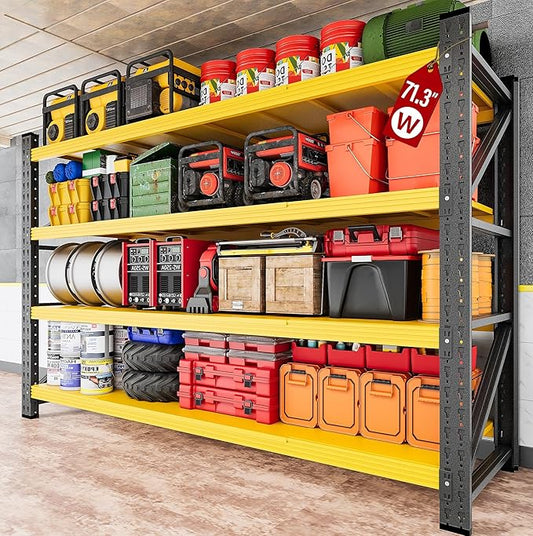 71.3" Wide Heavy Duty Garage Shelving Units,5000LBS Deep Storage Shelves,Yellow Metal Garage Shelves,Steel Shelf,Large Storage Rack,Industrial Shelving for Shop,Warehouse,Basement,71.3"W x 24"D x 70"H