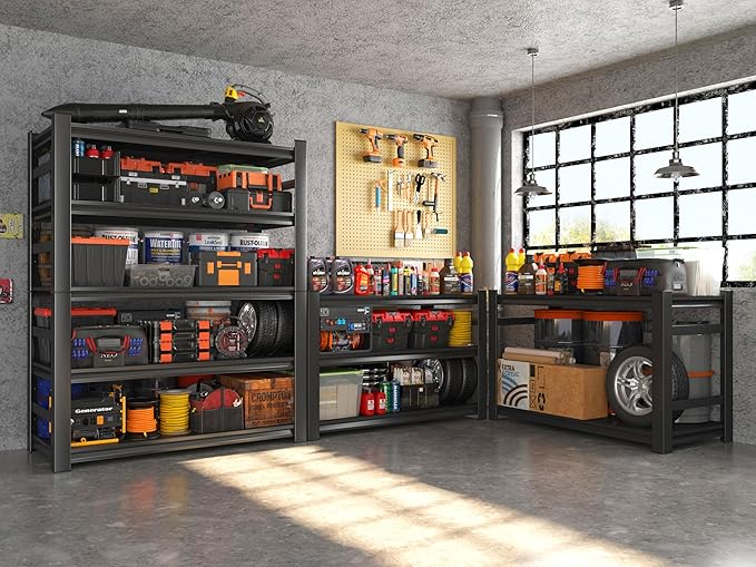 48''W/87''H Storage Shelves Heavy Duty Adjustable Metal Garage Shelving Unit Rack Metal Storage Shelf Heavy Duty Shelf for Heavy Tools and Equipment, Ideal for Garage, Basement, Black