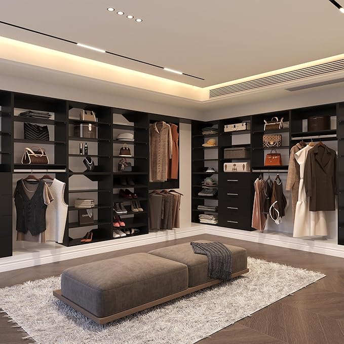 Short Tower Closet Unit, Modular Closet System, Wood Closet System Organizer with Storage for Walk In Closets, Clothing Rack Wardrobe for Hanging Clothes, Bedroom, Black, 25.5"W