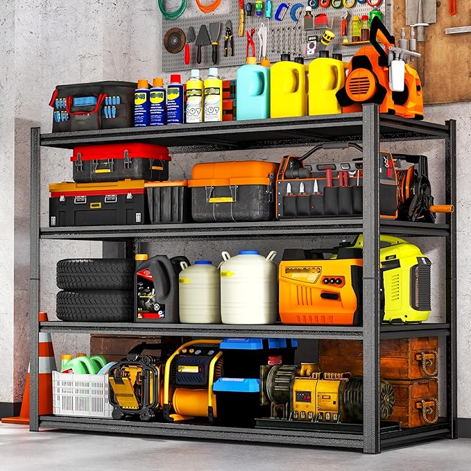 Heavy Duty Garage Shelving 2800LBS Storage Shelves 4-Tier Adjustable Metal Shelving Units Garage Storage Shelves for Industrial, Warehouse, Basement, Commercial, 54"H × 48"W × 24"D, Black