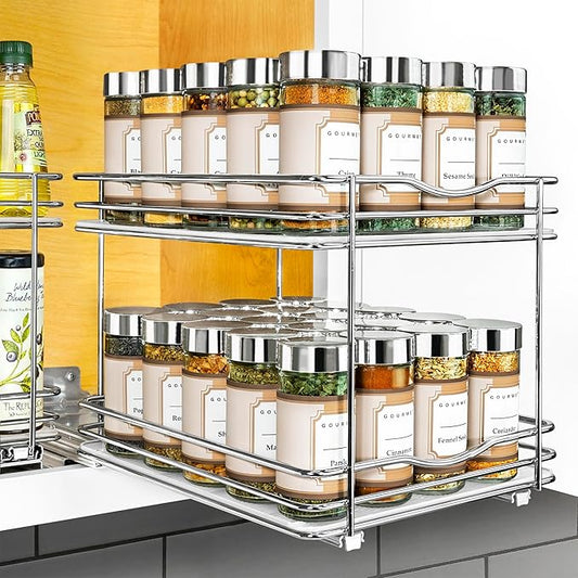 LYNK PROFESSIONAL® Pull Out Spice Organization for Cabinets - 8-3/8 inch Wide – Spice Rack for Inside Cabinets, Slide Out Spice Rack Organizer for cabinet – Pull Out Spice Rack, Sliding 2 Tier Chrome