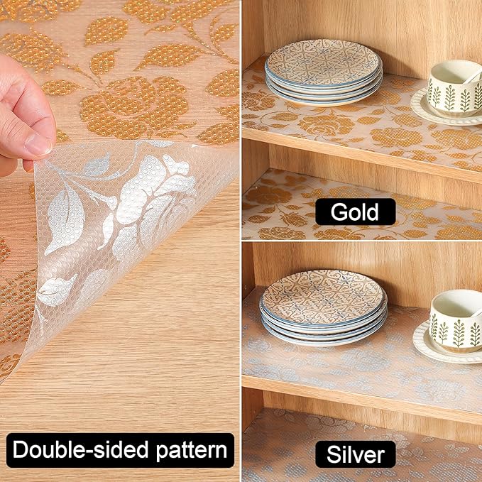 INNOLITES Shelf Liner for Cabinets, Non-Adhesive for Kitchen Drawer Liner, Waterproof Shelf Paper with Floral Pattern, Durable Easy to Clean (Golden Rose, 17.5" x 197")