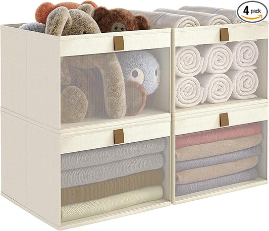 Linen Closet Organizers and Storage, Closet Storage Bins Basket Organizer, Foldable Organization Baskets with Mesh Window for Clothes Towels and Toys, 10.75" x 10.75" x 7.5", Beige, 4 pack