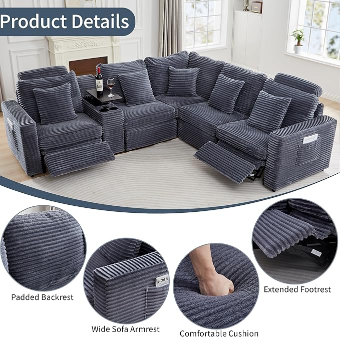 LEVNARY 5-Seat L Shaped Modular Sectional Sofa with Power Recliners, Faux Rabbit Fur Upholstery, Storage Console with Charging Ports & Cup Holders, Living Room Couch Set for Home Office (Gray)