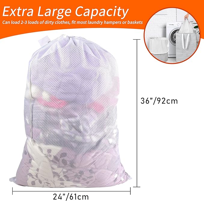 Polecasa Extra Heavy Duty Large Diamond Mesh Laundry Bags 24 x 36" with Drawstring Closure & ID Tag, Storage Bag for College, Travel, Sports, Dorms, White