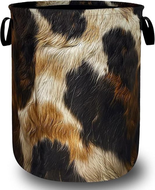 Brown Cow Skin Texture Laundry Basket Foldable Retro Animal Print Laundry Hamper With Handle Oxford Cloth Portable Clothes Storage Basket Laundry Bag 18.9"x16.5" For Laundry Room/Bedroom/Bathrooms