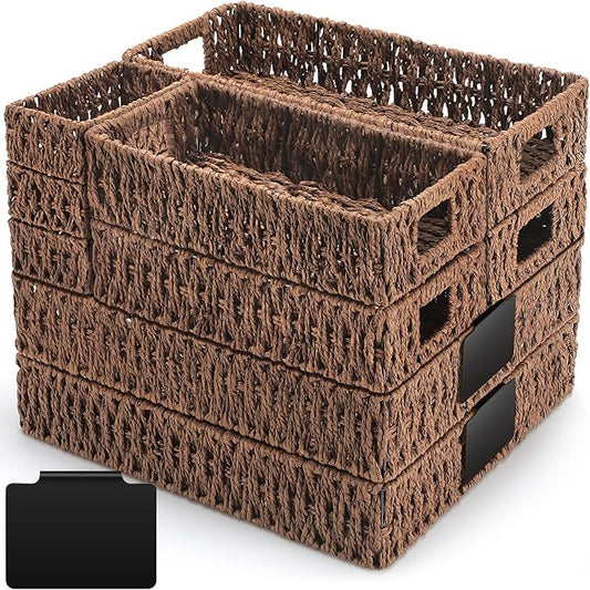 Marsui 9 Pcs Paper Rope Storage Baskets with Handle Labels Handwoven Multi-size Brown Storage Bins for Organizing Small Baskets Container for Shelves Closet Pantry Toilet