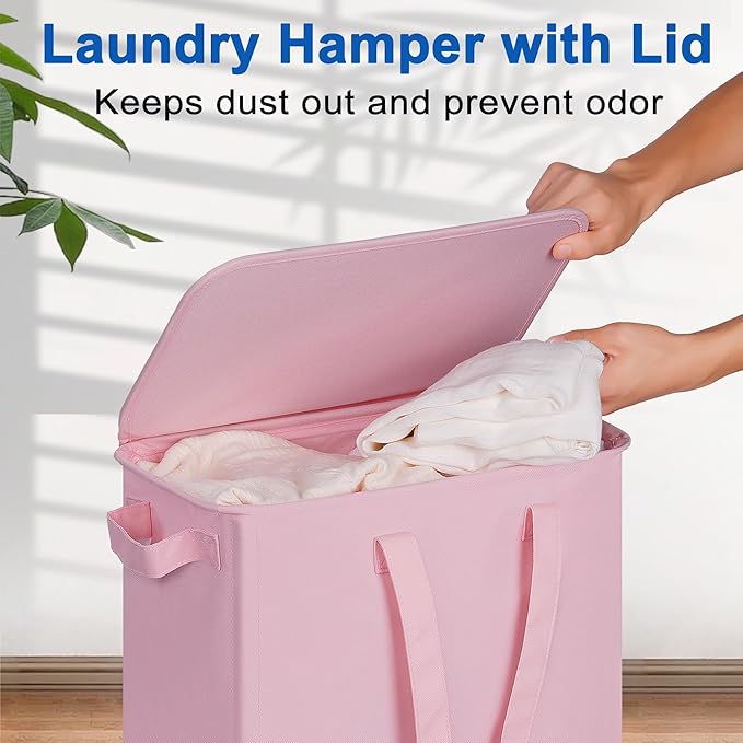 Vincona Slim Laundry Hamper with Lid and Wheels, Small Rolling Laundry Basket with Handle for Small Spaces, Tall Dirty Clothes Hampers for Dorm, Bathroom and Bedroom, 55L, Pink
