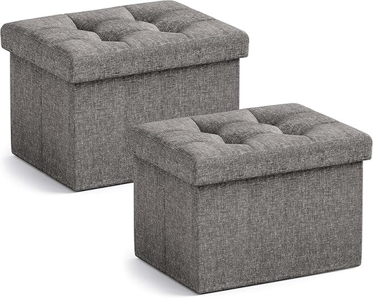 Ornavo Home Small Storage Ottoman, Set of 2, Foldable Collapsible Rectangle Linen Ottoman Foot Rest Stool Seat, for Living Room, Bedroom, Home Office, Dorm - 12 x 16 x 12, Dark Gray
