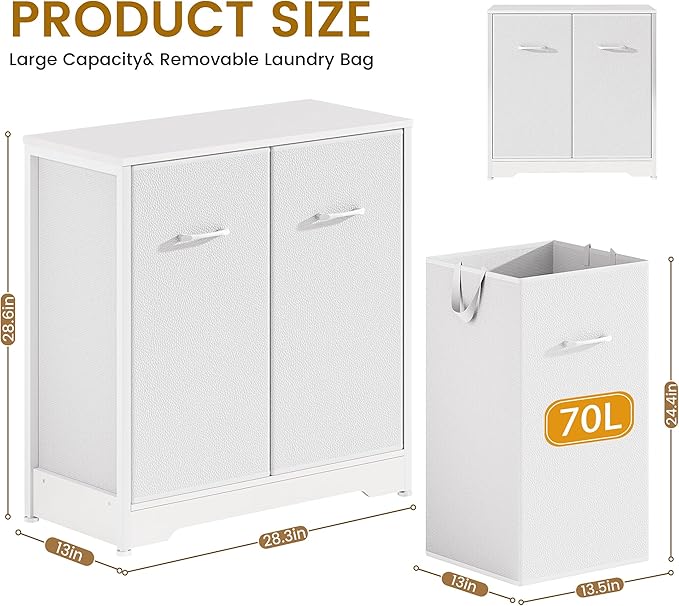 Pull-Out Laundry Sorter Cabinet With Removable Bags, Laundry Basket, 140L (2x70L) Laundry Hamper 2 Section For Organized Bedroom, Laundry Room, White