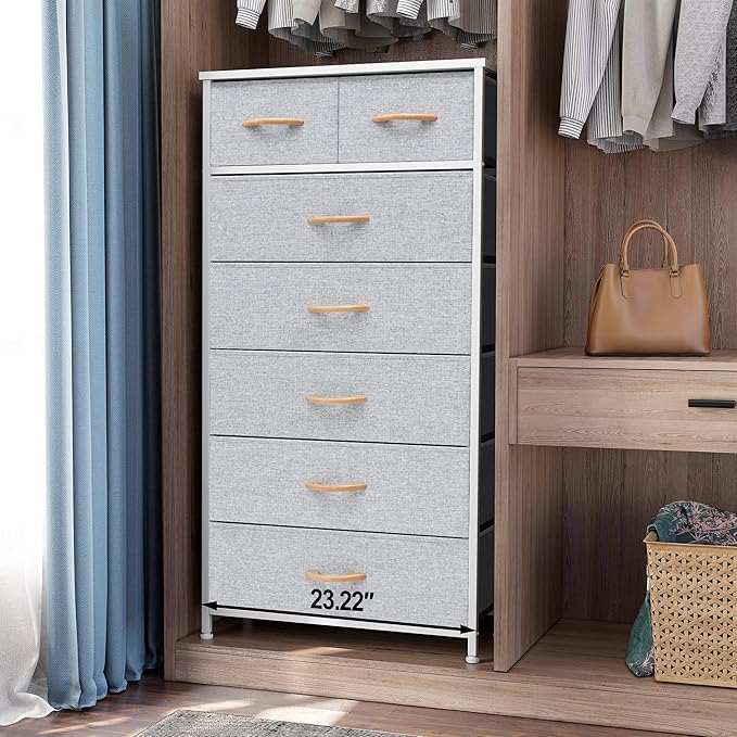 Crestlive Products Vertical Dresser Storage Tower - Sturdy Steel Frame, Wood Top, Easy Pull Fabric Bins, Wood Handles - Organizer Unit for Bedroom, Hallway, Entryway, Closets - 7 Drawers (Light Gray)