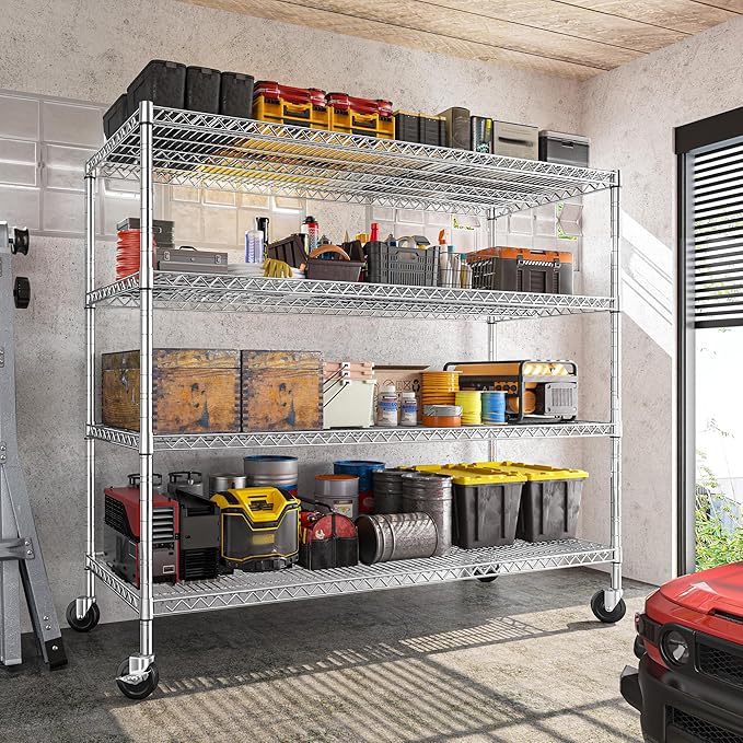 REIBII 55.5''W Storage Shelves 2500LBS Wire Shelving Unit with Wheels Heavy Duty Metal Shelves for Storage Adjustable Garage Storage Rack Pantry Shelf Kitchen Shelving, 75.6" H X 55.5''W X 24" D, 4PCS