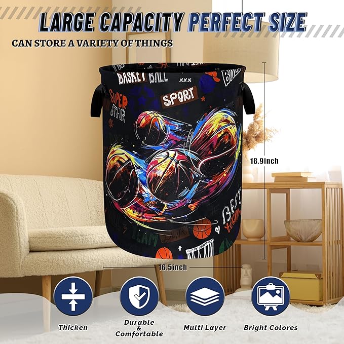 Basketball Graffiti Laundry Basket Foldable Funny Sports Laundry Hamper With Handle Portable Oxford Cloth Clothes Storage Basket Laundry Bag 18.9"x16.5" For Laundry Room/Bedroom/Bathrooms