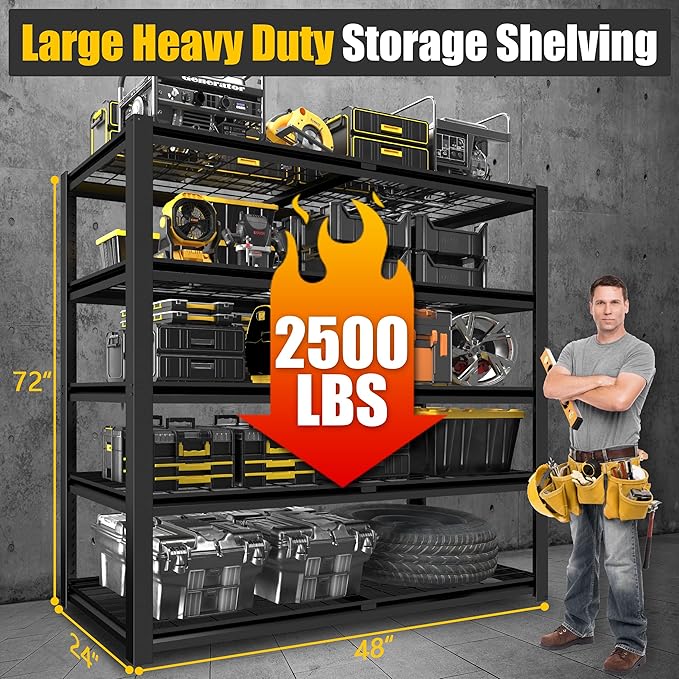 PrimeZone 72" H Heavy Duty Garage Shelving 2500 LBS 5 Tier Storage Shelves Adjustable Industrial Metal Wire Shelf Unit for Garage,Basement,Pantry,Warehouse,Commercial,48" W X 24" D X 72" H 2Pack