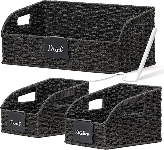 Pantry Organizers, Handwoven Large Wicker Baskets for Shelves, Labeled Storage Baskets for Organizing with Handles - Paper Storage Bins, Boho Decorative, 3 Pack, Black