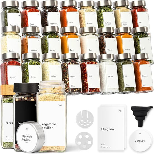 KIVY Glass Spice jars with Label & Shaker Lids [24x 4oz] Airtight Seasoning Containers for Cabinet & Drawer - Empty Spice Bottles - Seasoning jars with labels - Spice jars with stainless steel lids