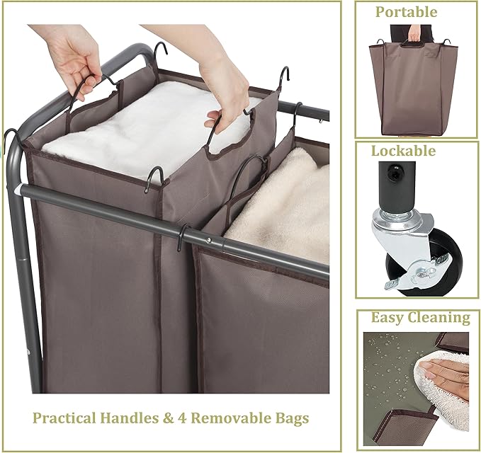 Laundry Sorter 4 Section, 4-Bag Heavy Duty Rolling Laundry Hamper Cart, Laundry Basket Organizer With Wheels and Removable Bags, Laundry Room Organization For Dirty Clothes Storage, BROWN