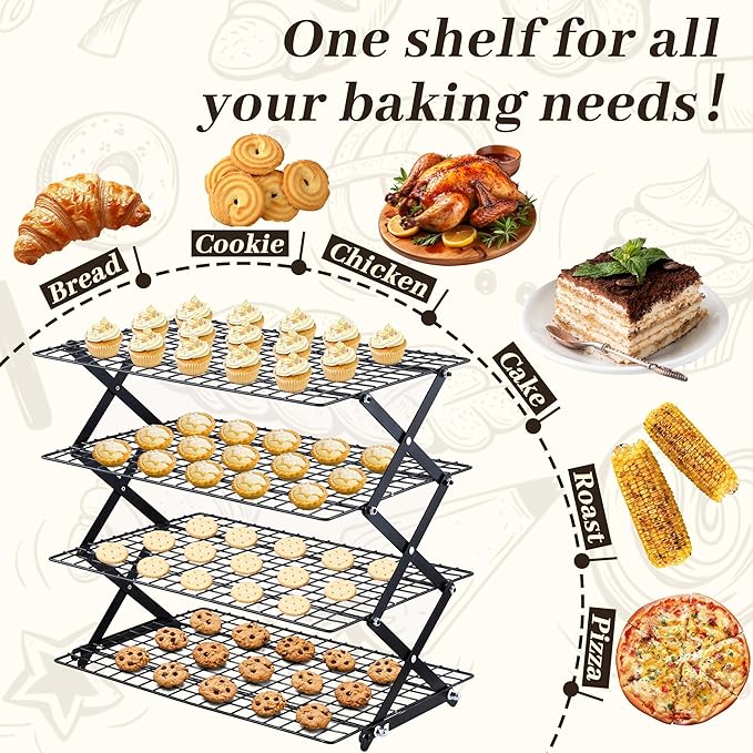 Pleafind 4 Tier Collapsible Cooling Rack - 3 Setting Design, Adjustable ＆ Stackable Baking Rack, 5 Modes Cooling Racks for Cooking and Baking, Roasting ＆ Grilling Gifts for Picnic Party