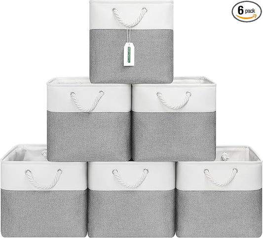 ECDYQXVU 13x13 Inch Cube Storage Bins with Reinforced Bottom Cardboard, 6 Pack Large Foldable Fabric Storage Cubes with Handles for Shelf, Closet, Laundry Organization (White&Gray)