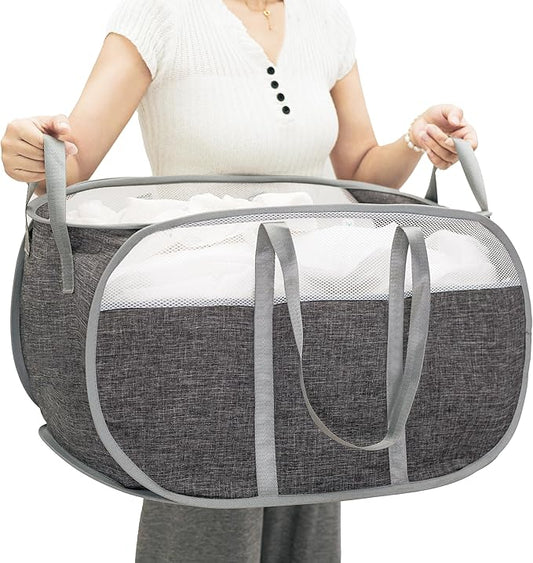 Pop-Up Laundry Basket，collapsible Mesh Laundry Hamper– With Extended Shoulder Straps, Sturdy Handles, and Premium Cationic Fabric (gray)…