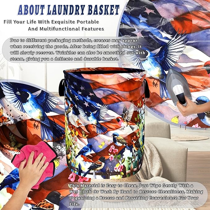 Colorful Bird Laundry Basket Foldable American Flag Garden Birds Laundry Hamper With Handle Portable Oxford Cloth Clothes Storage Basket Laundry Bag 18.9"x16.5" For Laundry Room/Bedroom/Bathrooms