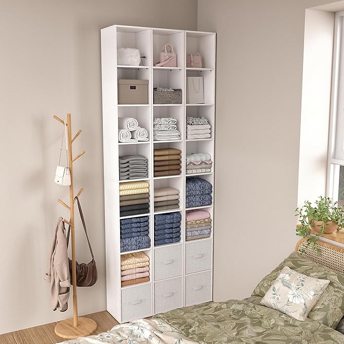 8-Cube Storage Organizer Bookcase, White, Tall Narrow Bookshelf for Home Office (White)