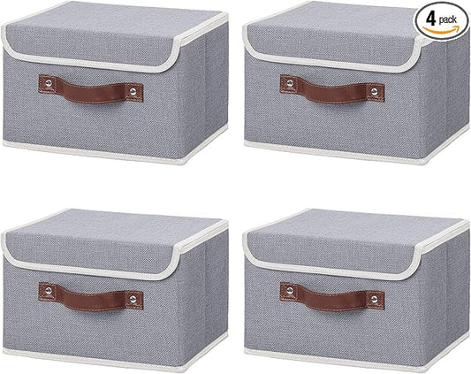 ANMINY 4PCS Storage Bins with Lid PU Leather Handles Storage Boxes PP Plastic Board Decorative Foldable Lidded Cotton Linen Fabric Home Cubes Baskets Closet Organizer Containers - Gray, Small Size