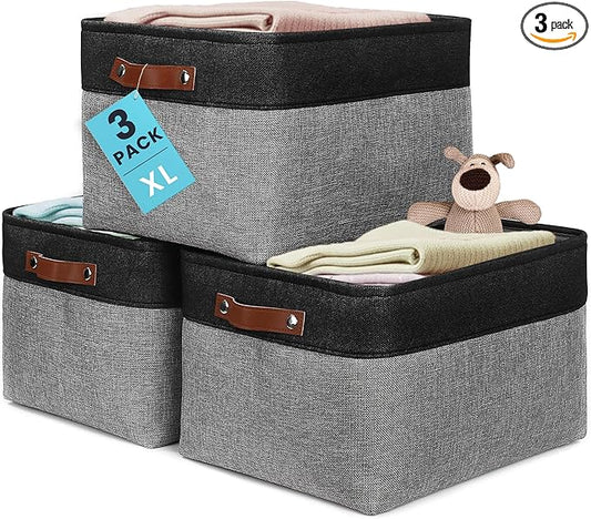 OrganiHaus Extra Large Fabric Storage Baskets for Shelves 3 Pack, 16x13in Closet Storage Bins, Canvas Baskets for Organizing, Linen Closet Organizers, Cloth Basket, Gray/Black