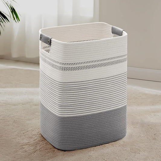 75L Tall Laundry Hamper with Handles for Living Room Storage, Large Woven Rope Baskets Bin for Blanket, Kids Toy, Gifts, Wicker Hamper for Bedroom Dirty Clothes, 16"x13"x22" White Grey