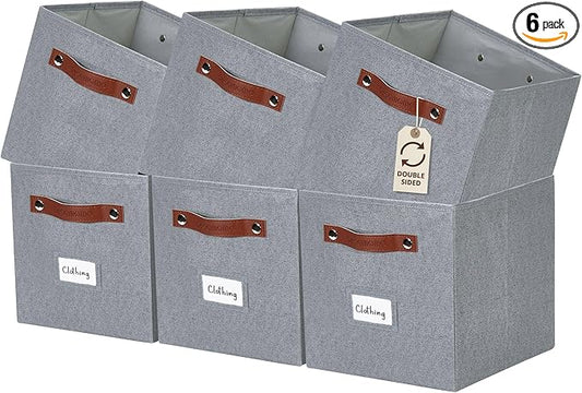 DECOMOMO Storage Bins, Cube Storage Bin with Labels, Fabric Storage Cubes for Shelves (11" / 6pcs, Texture Grey)