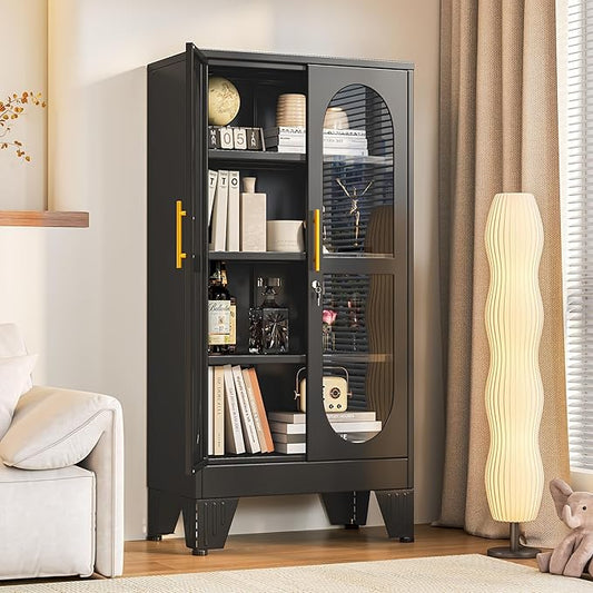 PAOFIN 47" H Locking Display Cabinet with Glass Door, Metal Cabinets with 3 Adjustable Shelves, Cabinet Display Case for Living Room, Collectibles, Clinic, Home - Assembly Required Black