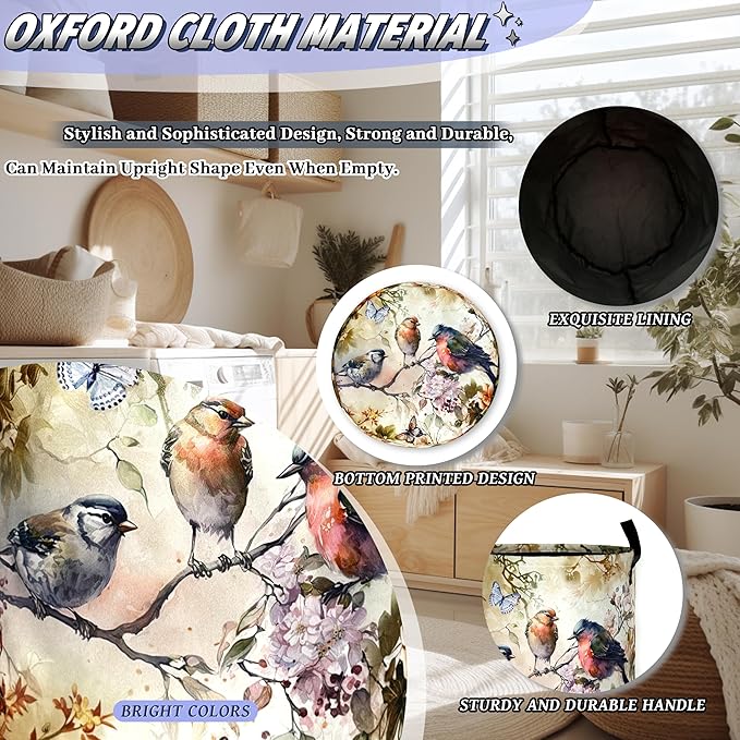 Vintage Floral Birds Laundry Basket Foldable Bird Laundry Hamper With Handle Portable Oxford Cloth Clothes Storage Basket Colorful Laundry Bag 18.9"x16.5" For Laundry Room/Bedroom/Bathrooms