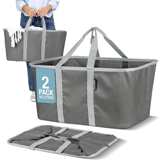 CleverMade Collapsible Laundry Tote 2-Pack (50L) – Foldable Carry-All Storage Bin for Laundry, Car Trunk, RV, Dorm & Home Organization - Charcoal