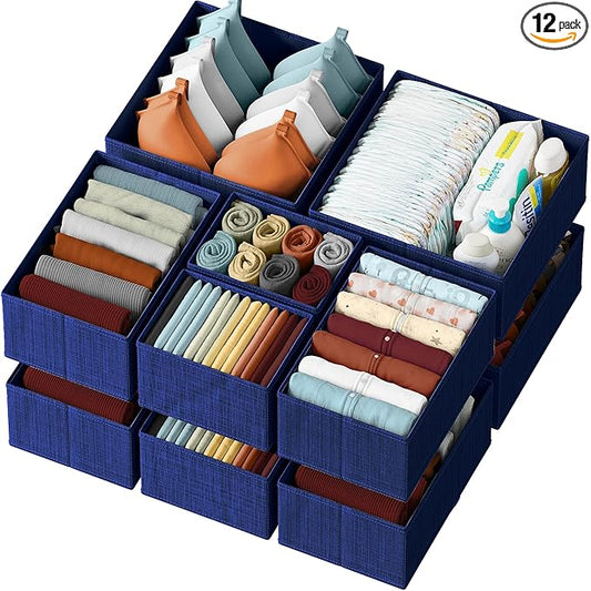 Drawer Organizer Clothes Set of 12 Navy - Dresser Organizer For Nursery, Bedroom, Closet - Perfect Baby Clothes Organizer and Storage & General Nursery Organization or Dresser Drawer Organizers