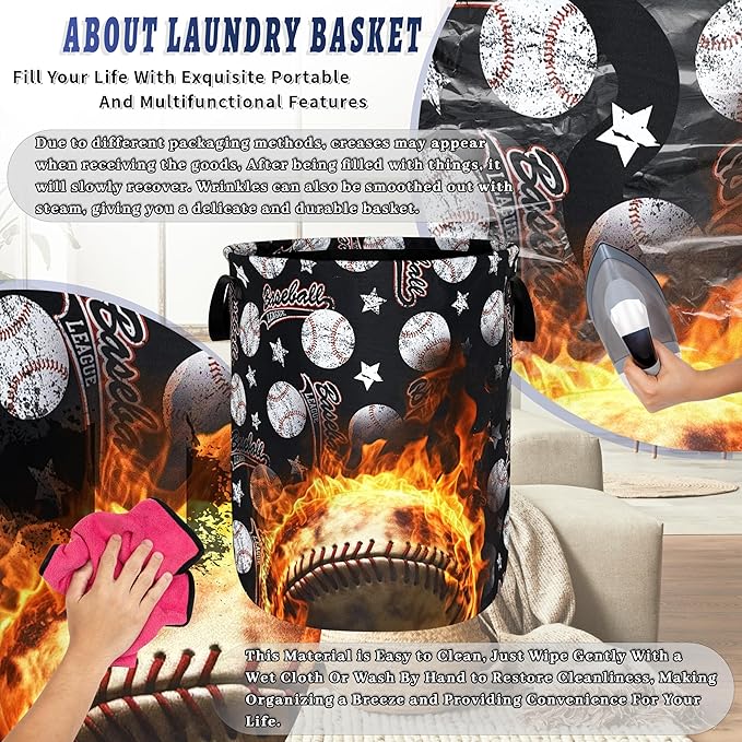 Baseball Laundry Basket Foldable Sports Print Laundry Hamper With Handle Portable Oxford Cloth Clothes Storage Basket Funny Laundry Bag 18.9"x16.5" For Laundry Room/Bedroom/Bathrooms