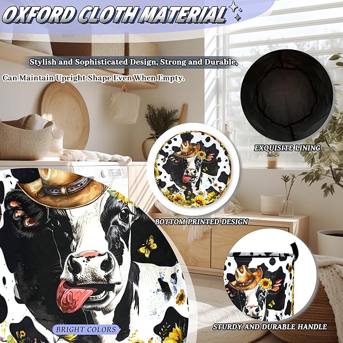 Cows Sunflowers Laundry Basket Foldable Animals Laundry Hamper With Handle Portable Oxford Cloth Clothes Storage Basket Laundry Bag 18.9"x16.5" For Laundry Room/Bedroom/Bathrooms