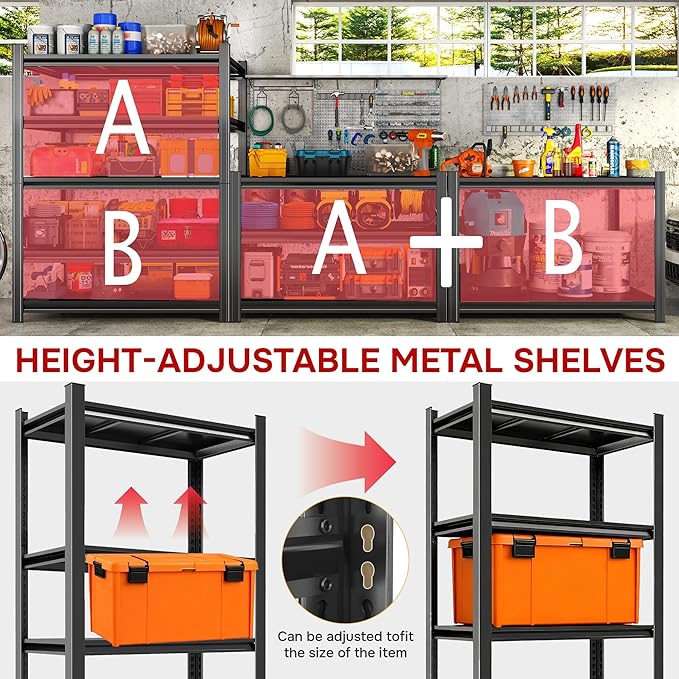 72''H Garage Shelving Heavy Duty Storage Shelves for Garage, Multi-Size Adjustable 5 Tier Shelving Unit, Metal Garage Shelving for Industrial, Basement, Warehouse (72''Hx40''Wx14''D, Black)