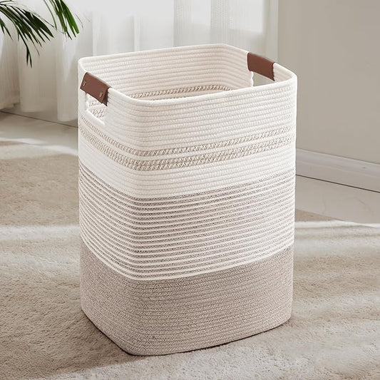 75L Tall Laundry Hamper with Handles for Living Room Storage, Large Woven Rope Baskets Bin for Blanket, Kids Toy, Gifts, Wicker Hamper for Bedroom Dirty Clothes, 16"x13"x22" White Brown