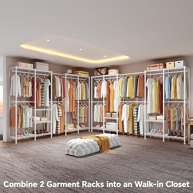 Higeego H5 Pro Heavy Duty Clothes Rack Wardrobe Closet for Hanging Clothes, Freestanding Garment Rack with Expandable Hanger Rods, Closet Organizer and Storage, (97.7-115.4")L x 15.7"W x 75.4"H, White