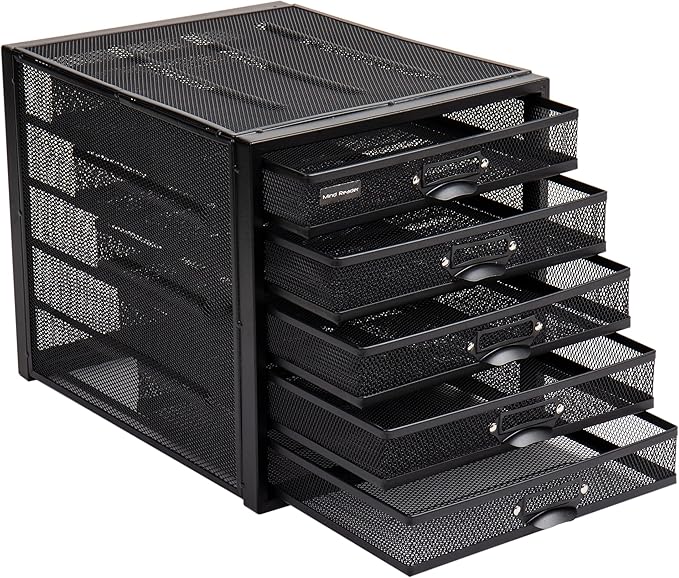Mind Reader File Storage Drawers, Desk Organizer, Multi-Purpose, Crafts, Office, Metal Mesh, 11"L x 14"W x 11"H, Black, 5 Drawer