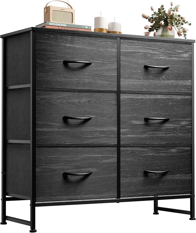 WLIVE Black Dresser for Bedroom, 6 Drawer Dresser, Storage Tower with Fabric Bins, Chest of Drawers for Closet, Living Room, Hallway