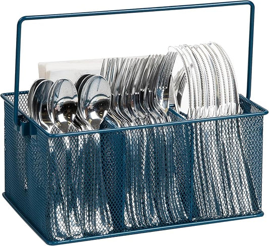 Mind Reader Multi-purpose Storage Caddy with Handle, Desktop Organizer, Cutlery Holder, 4 Compartments, Metal Mesh, Turquoise