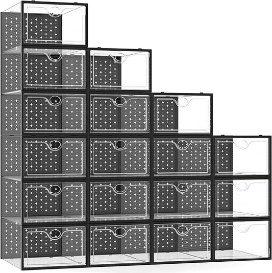 Pinkpum 18 Pack X-Large Shoe Storage Boxes Fit Size 12, Shoe Organizer for Closet Clear Plastic Stackable Shoe Dispaly Case Holder Bins, Sneaker Storage for Sneakerheads Black