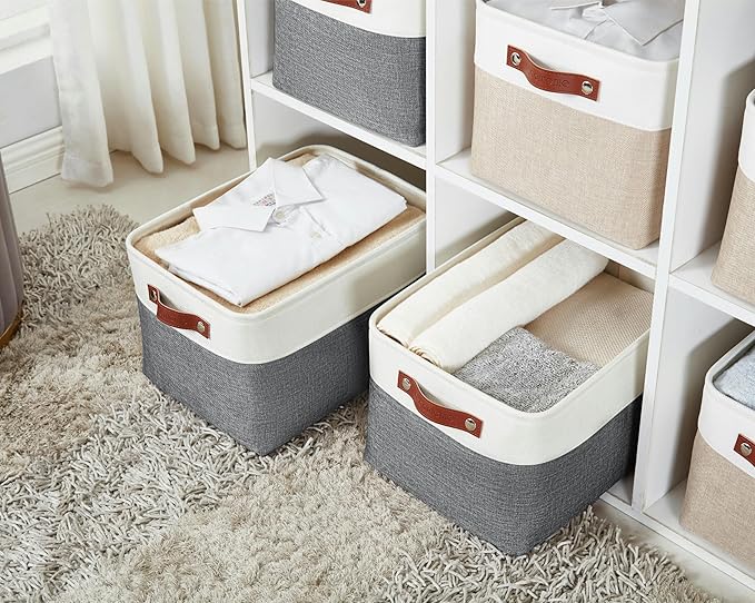 DECOMOMO Storage Baskets for Shelves - Fabric Storage Bins, Linen Closet Organizers and Storage (Slate Grey & White, Large - 4 Pack)