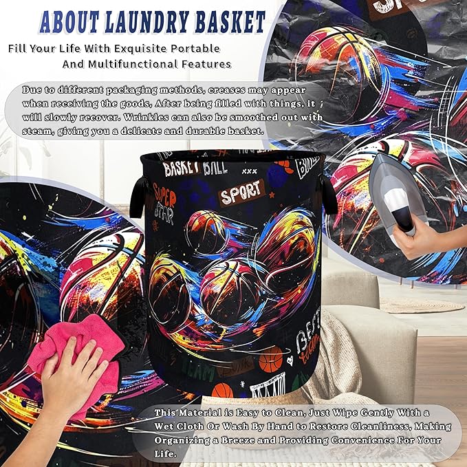 Basketball Graffiti Laundry Basket Foldable Funny Sports Laundry Hamper With Handle Portable Oxford Cloth Clothes Storage Basket Laundry Bag 18.9"x16.5" For Laundry Room/Bedroom/Bathrooms